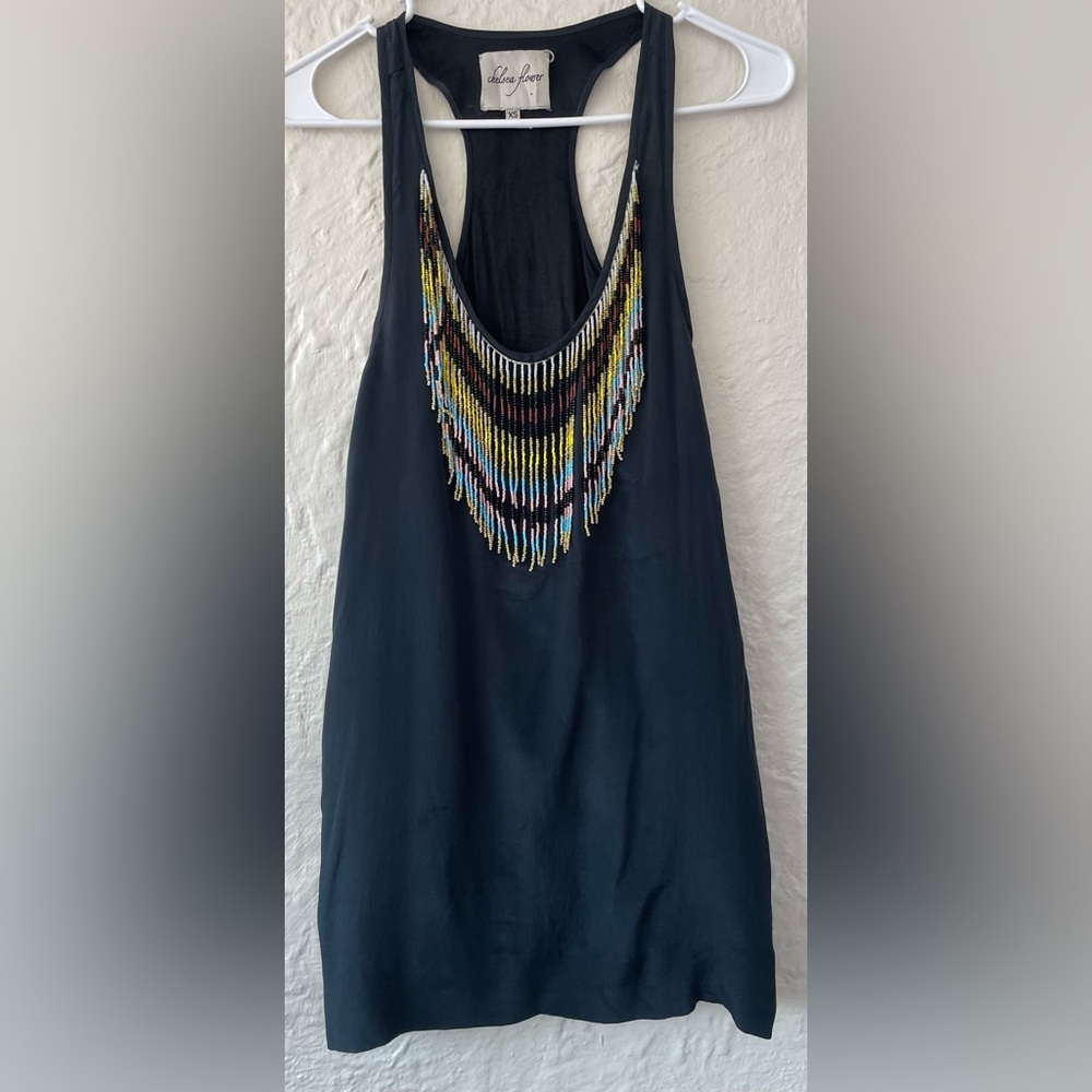 Chelsea Flower silk blend black tunic tank top chevron bead pattern fringe; XS
